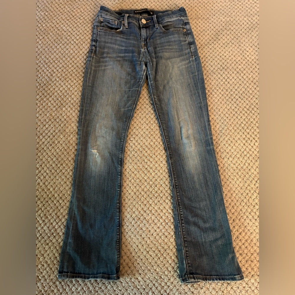 Express Blue Boot Cut Jeans with Distressed Detailing